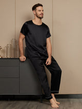 [Svart] SilkSilky-SE Rent Silke Kort Ärm Round Neck Herr Pyjama 005