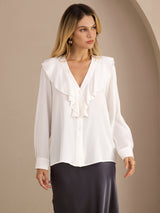 [Vit] SilkSilky-SE Long Sleeve Deep V Neck Damblusar 001