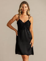 [Svart] SilkSilky-SE Spaghetti Strap V Neck Nattlinne 003