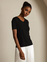 [Svart] SilkSilky-SE Short Sleeve V Neck Dam T-Shirt 003