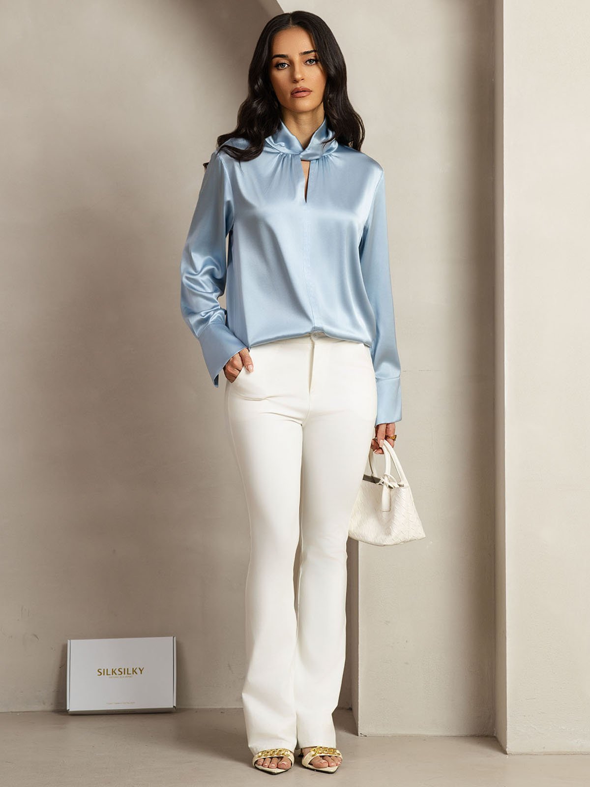 [Gråblå] SilkSilky-SE 19Momme Silke Womens Shirt 010