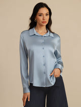 [Gråblå] SilkSilky-SE Long Sleeve Lapel Collar Damskjorta 001
