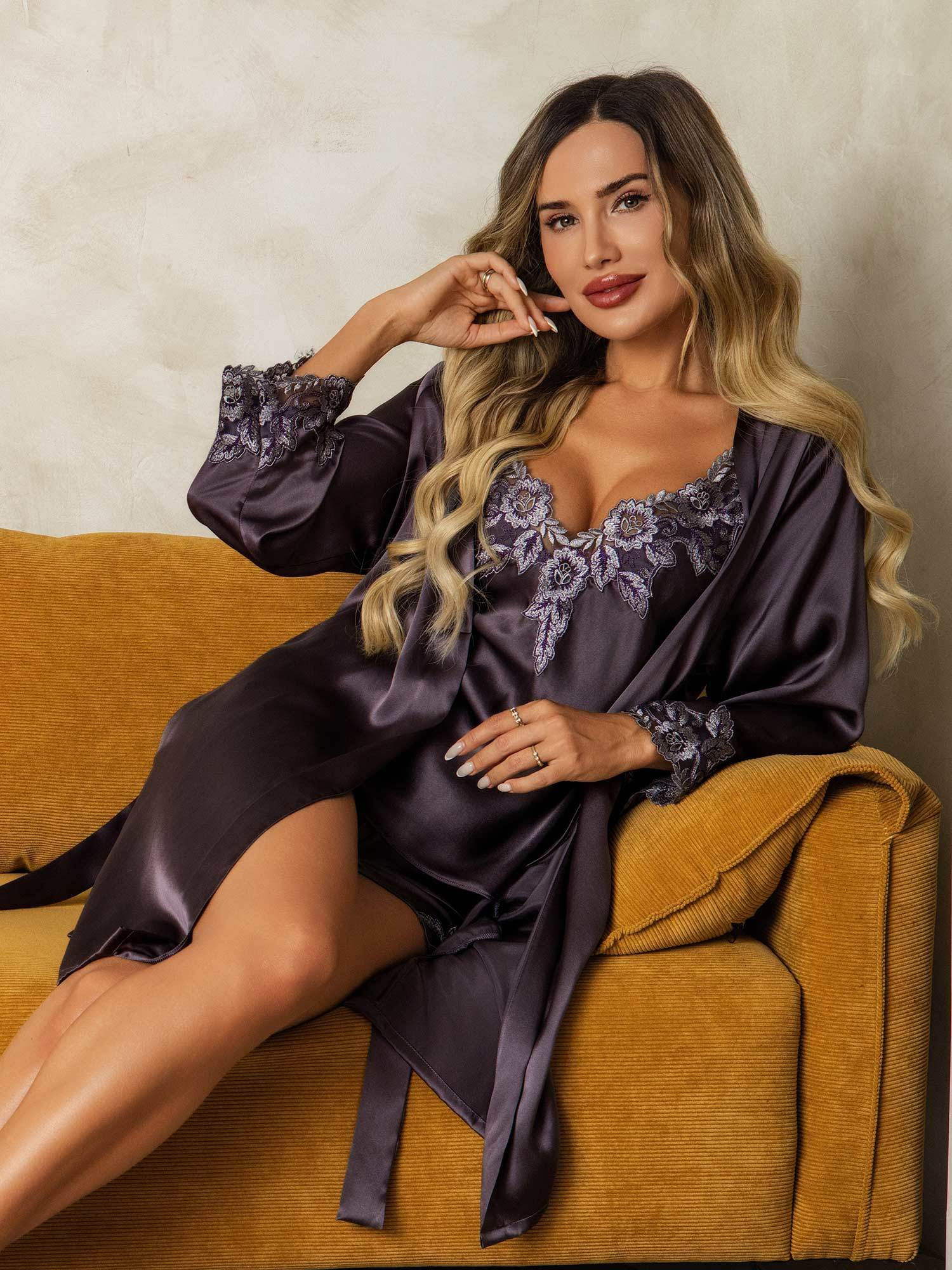 [Lila Grå] SilkSilky-SE Rent Silke Nightgown&Robe Set 005