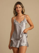 [Ljusgrå] SilkSilky-SE Spaghetti Strap V Neck Camisole Set 001