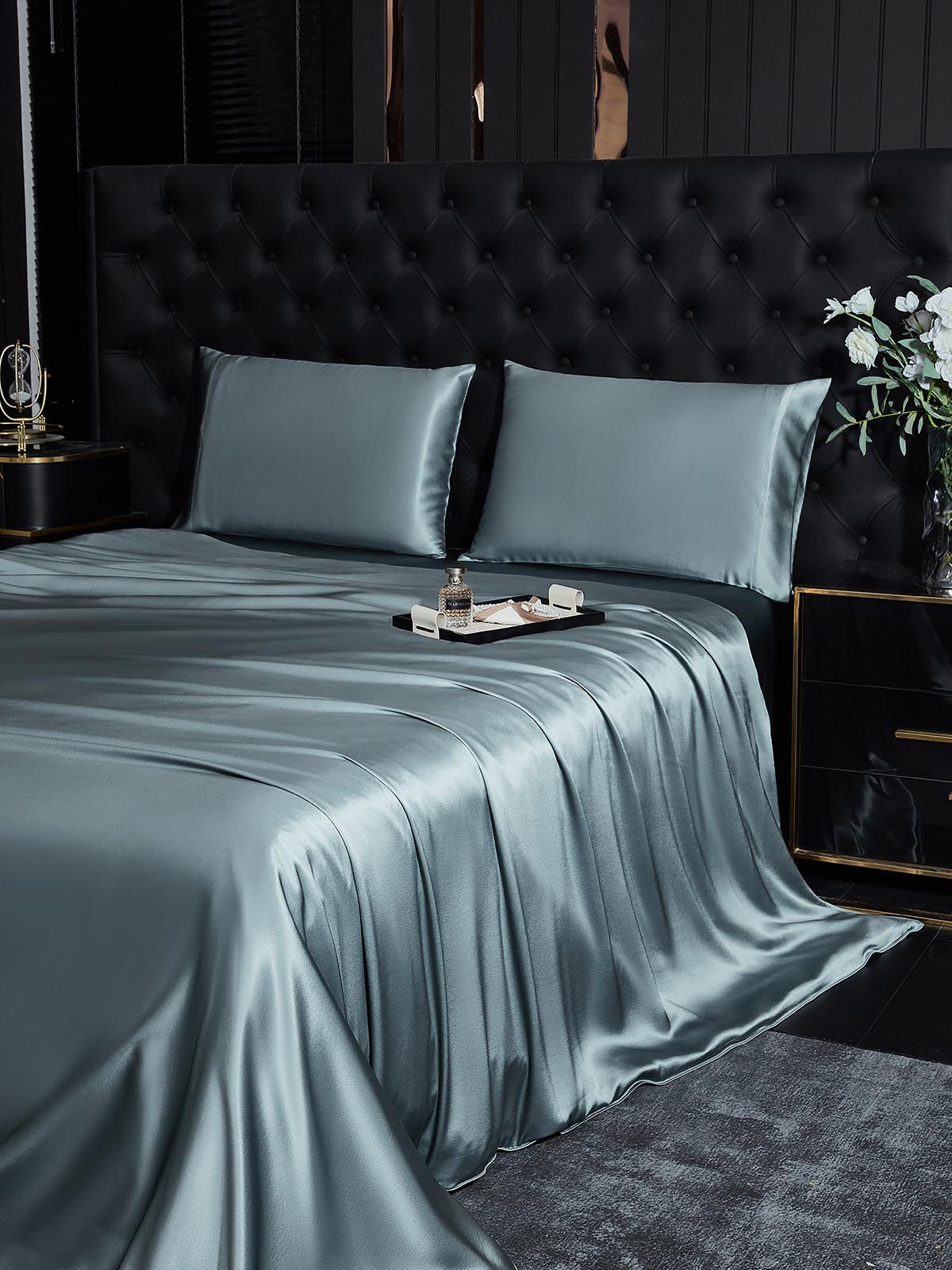 [Gråblå] SilkSilky-SE 22Momme Rent Silke Bedding Set 003,