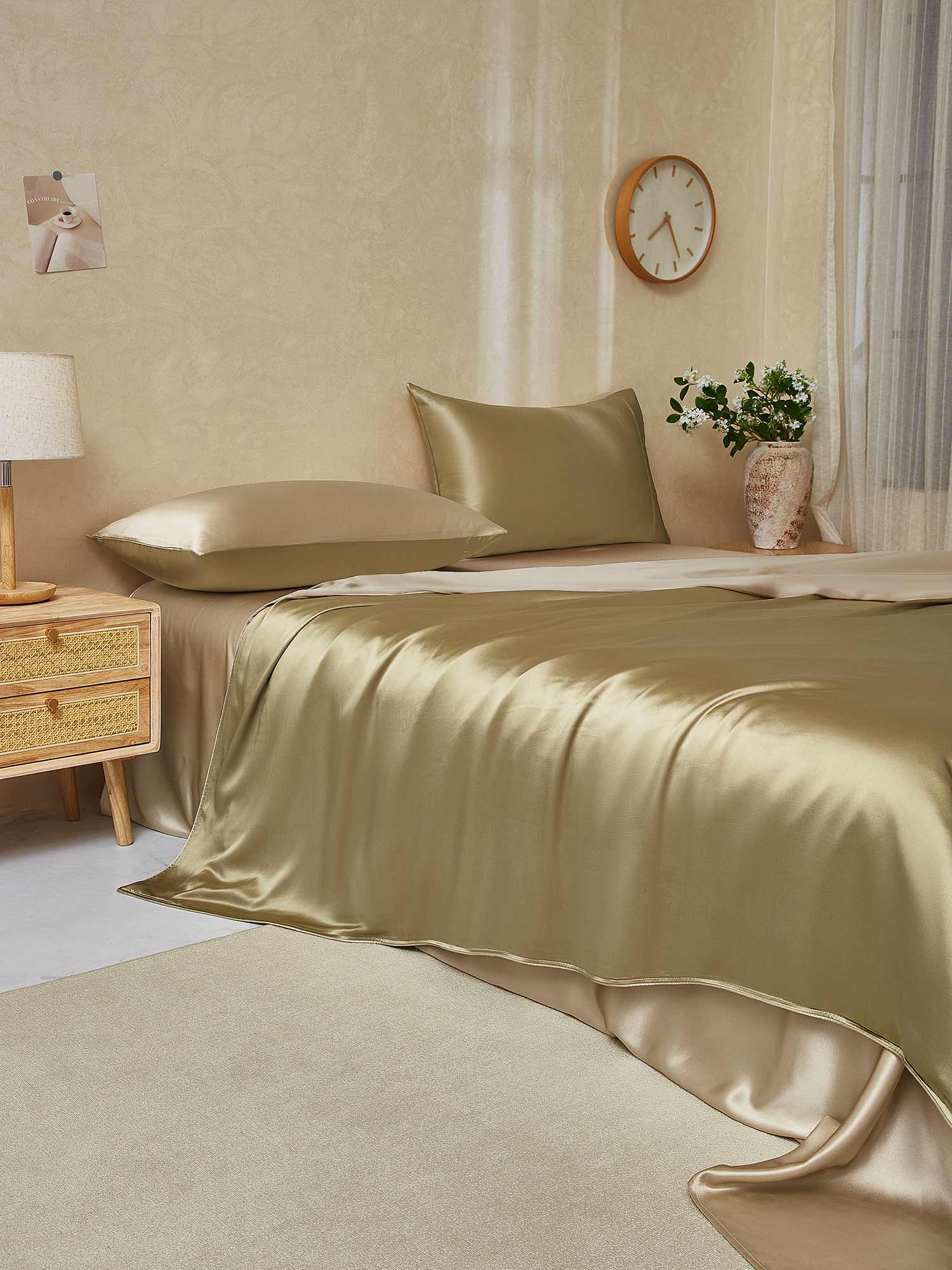 [Beige+Kaki] SilkSilky-SE 22Momme Rent Silke Bedding Set 003,