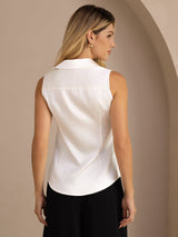 [Vit] SilkSilky-SE Sleeveless Lapel Collar Damskjorta 002