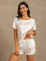 [Vit] SilkSilky-SE 19Momme Kort Ärm Rund Halsringning Dam Pyjama 003