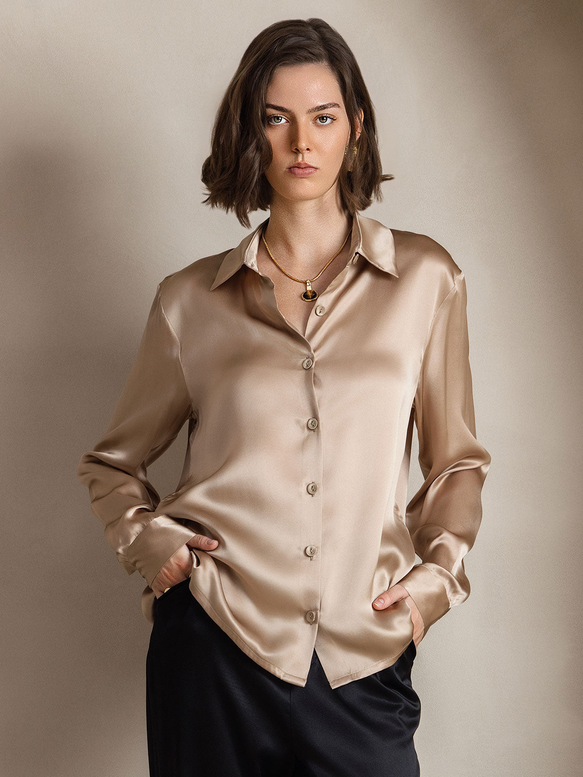 [Champagne] SilkSilky-SE Long Sleeve Lapel Collar Damskjorta 001