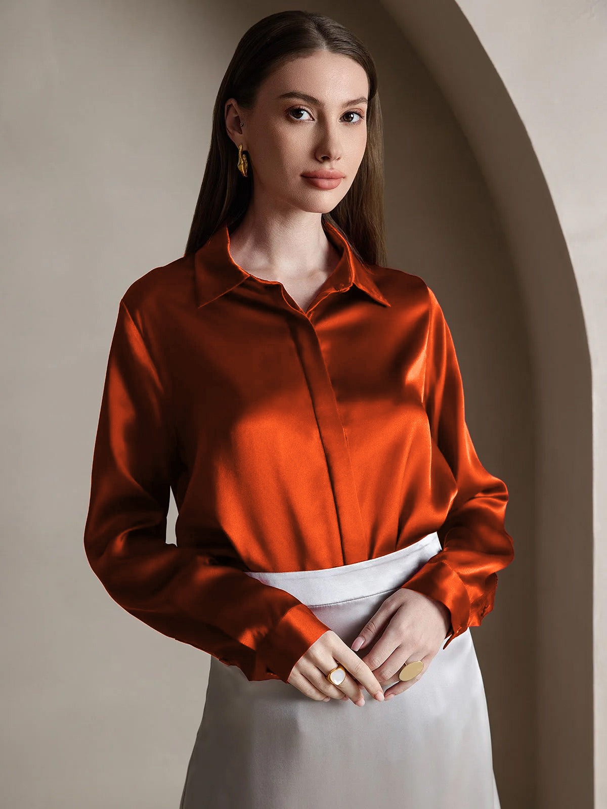 [Kola] SilkSilky-SE 19Momme Silke Lapel Collar Damskjorta 001
