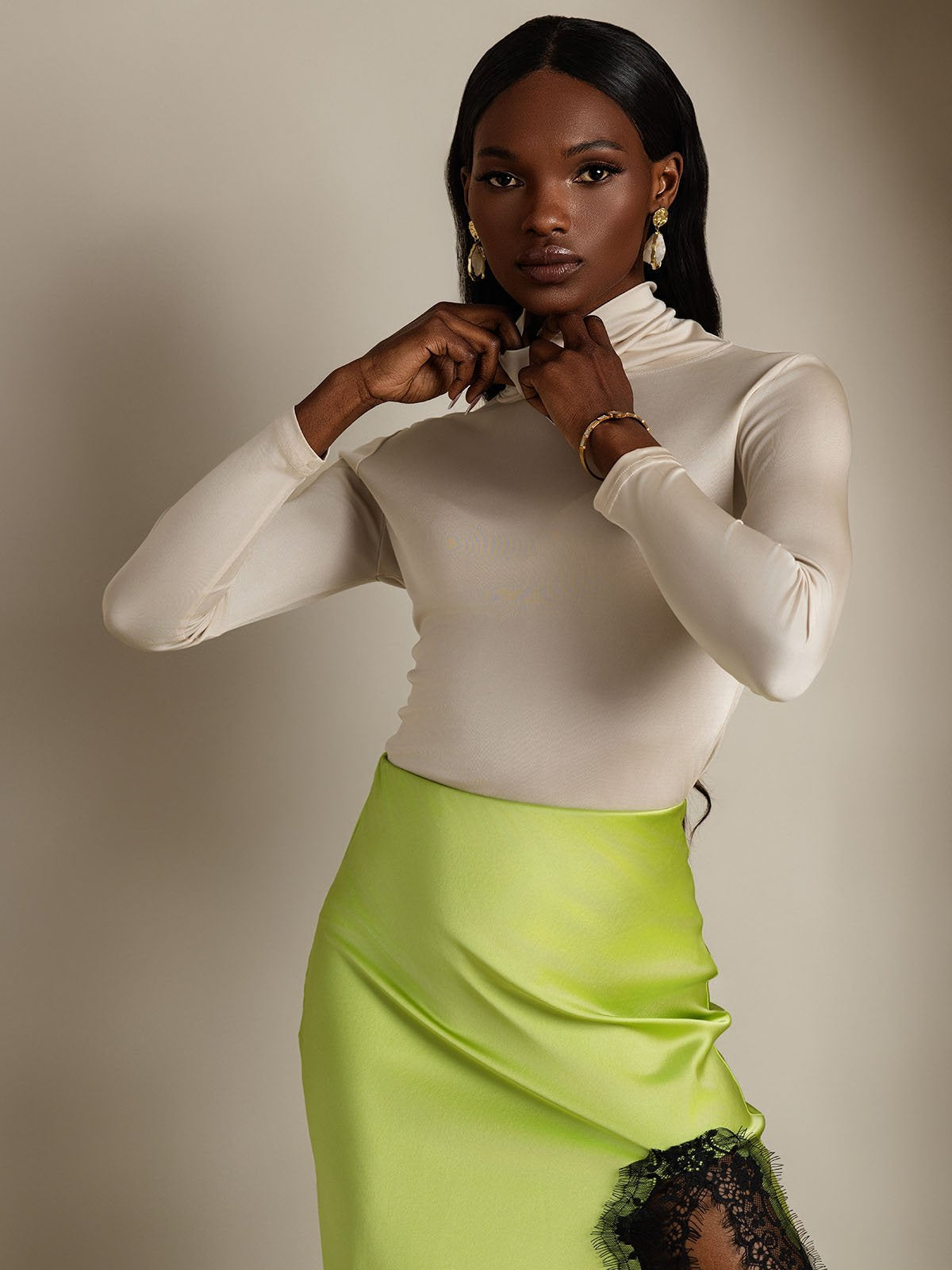 [Beige] SilkSilky-SE Lång Ärm Polotröja Dam T-Shirt 004