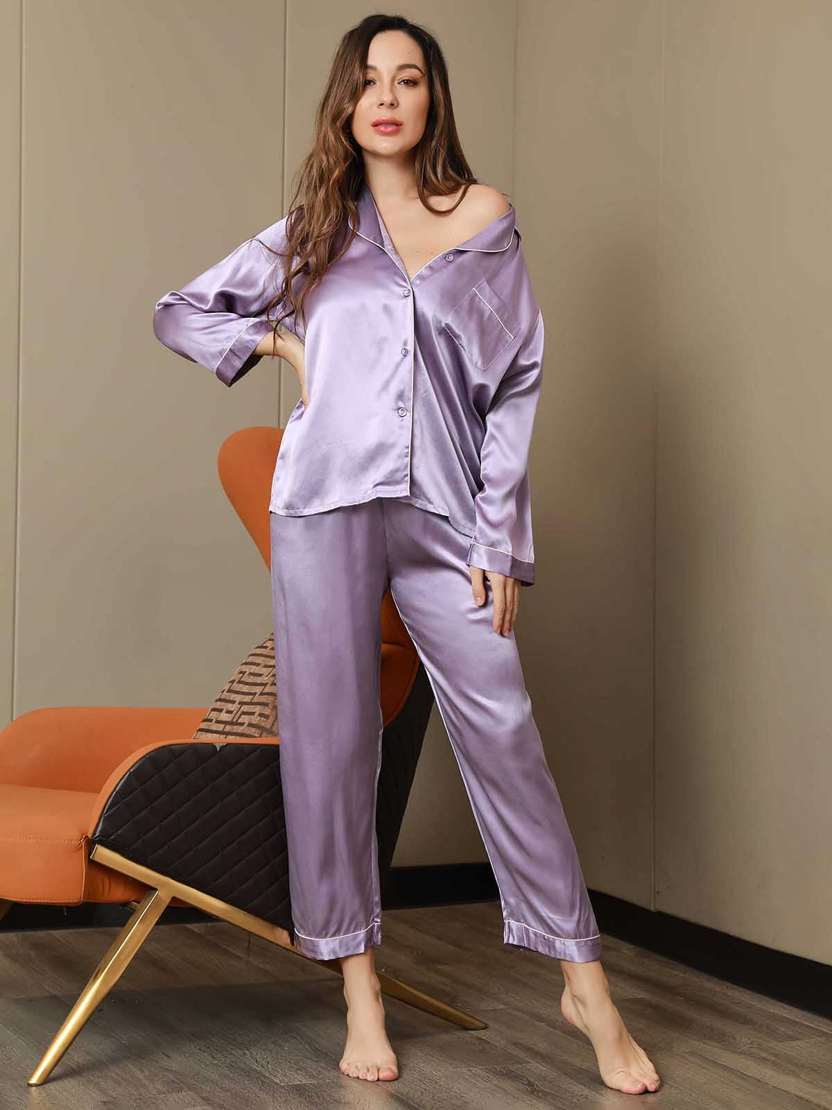 SilkSilky SE Rent Silke Lång Ärm Slag Dam Pyjama Lavendel 005