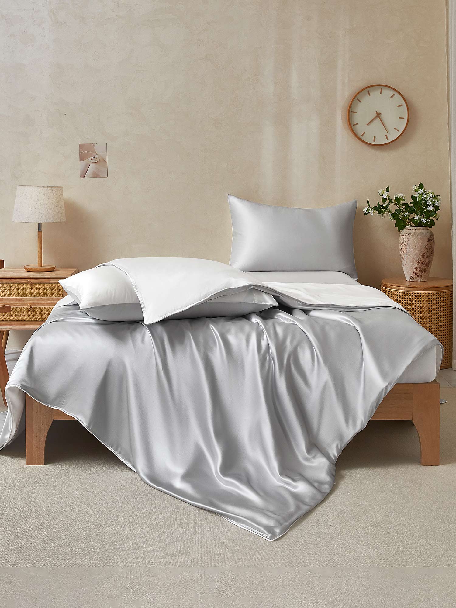 [Ljusgrå+Vit] SilkSilky-SE 25Momme Rent Silke Bedding Set 002,