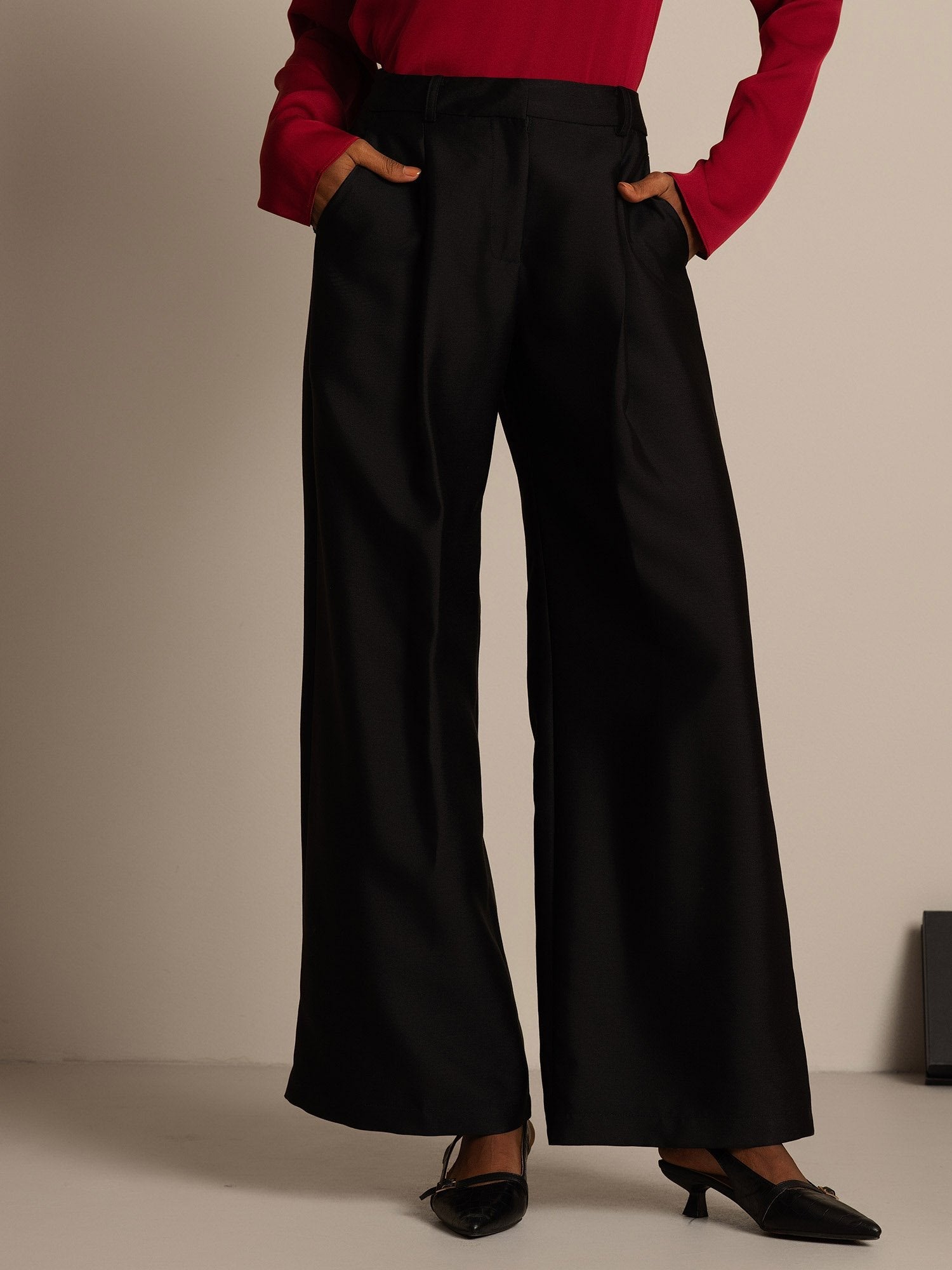 [Svart] SilkSilky-SE 32Momme Silk-Wool Blend Womens Pants 003,