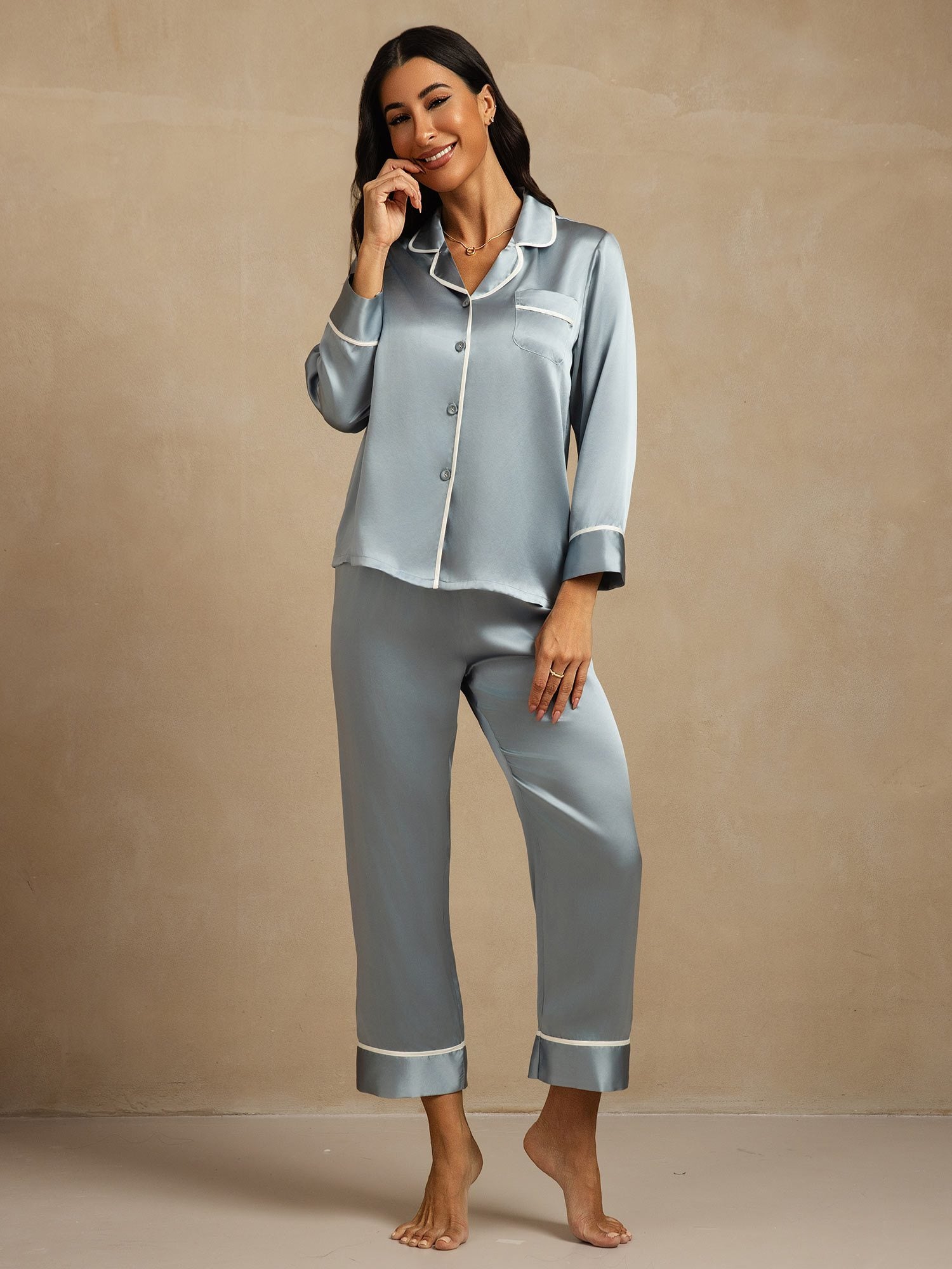 [Gråblå] SilkSilky-SE Rent Silke Krage Dam Pyjama 006