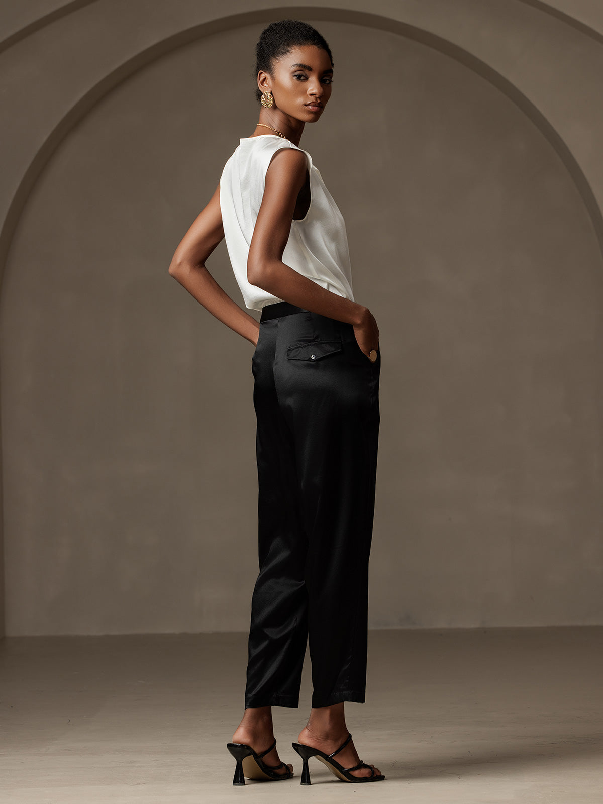 [Svart] SilkSilky-SE 19Momme Silke Womens Pants 002