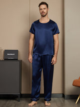 [Mörkblå] SilkSilky-SE Rent Silke Kort Ärm Round Neck Herr Pyjama 003