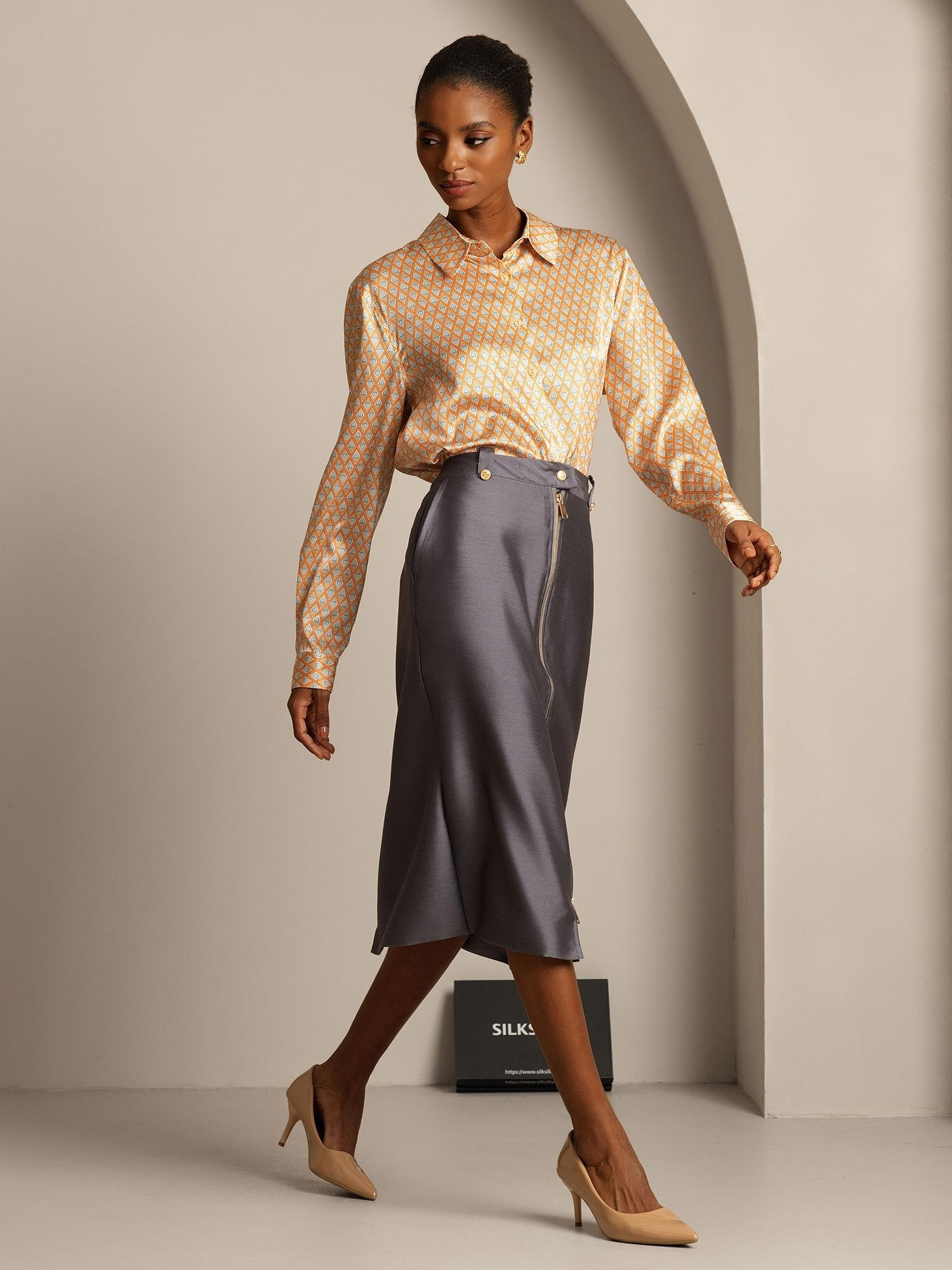 [Grå] SilkSilky-SE 32Momme Silk-Wool Blend Skirt 006,