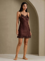 [Brun] SilkSilky-SE Spaghetti Strap V Neck Nattlinne 007