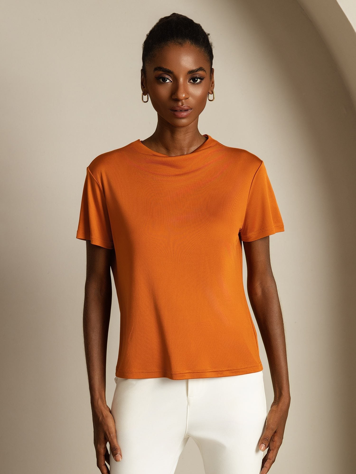 [Orange] SilkSilky-SE Rent Silke Krage Dam T-Shirt 003