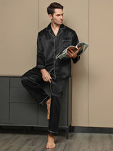 [Svart] SilkSilky-SE Long Sleeve Lapel Collar Herr Pyjama 001