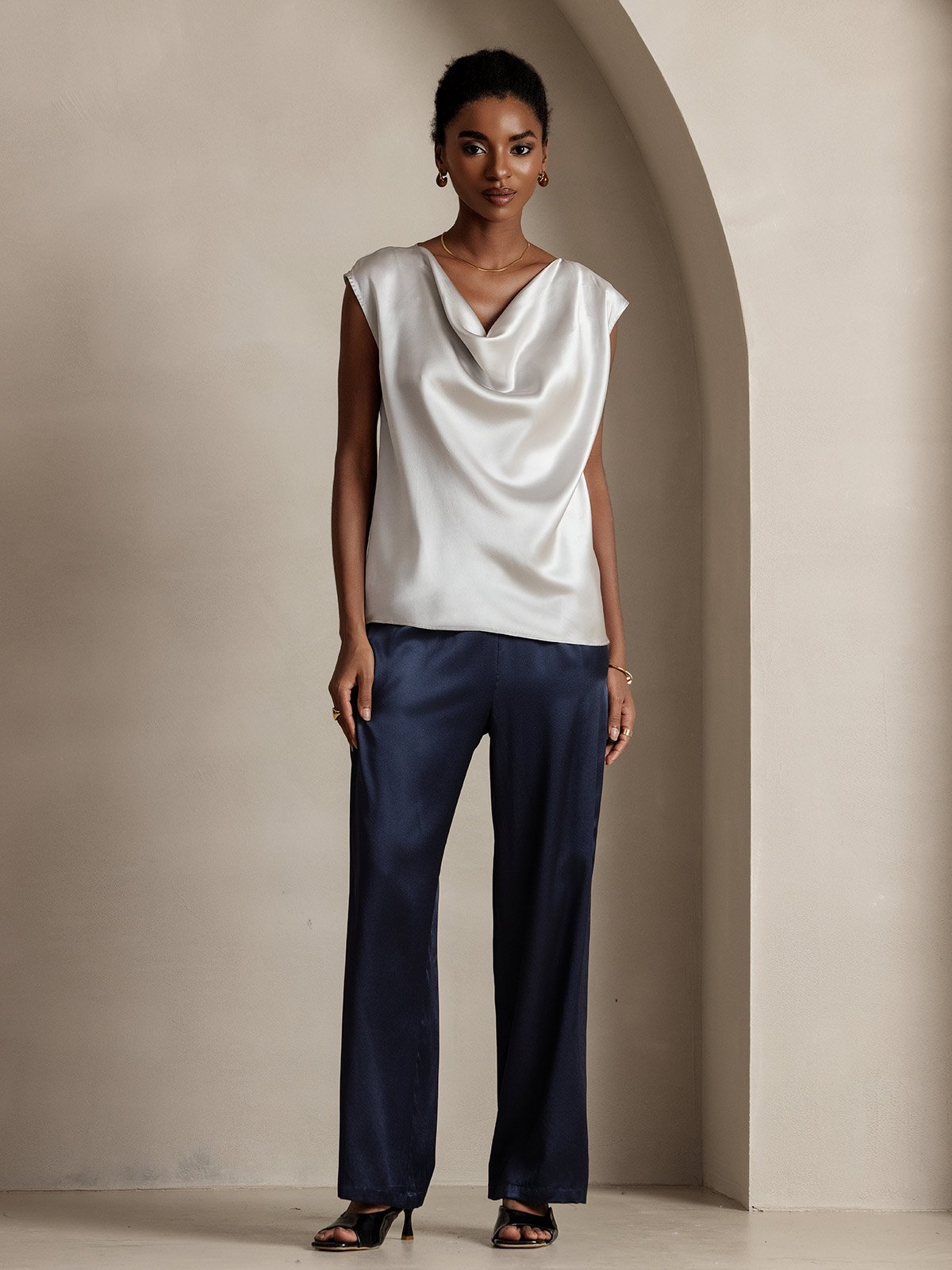 [Ljusgrå] SilkSilky-SE 19Momme Kappärm Cowl Halsringning Dam T-Shirt 005