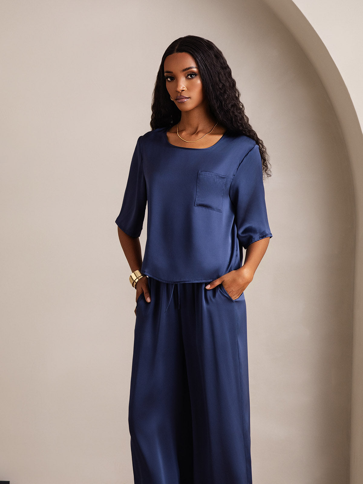 [Mörkblå] SilkSilky-SE Rent Silke Womens Pajamas 003
