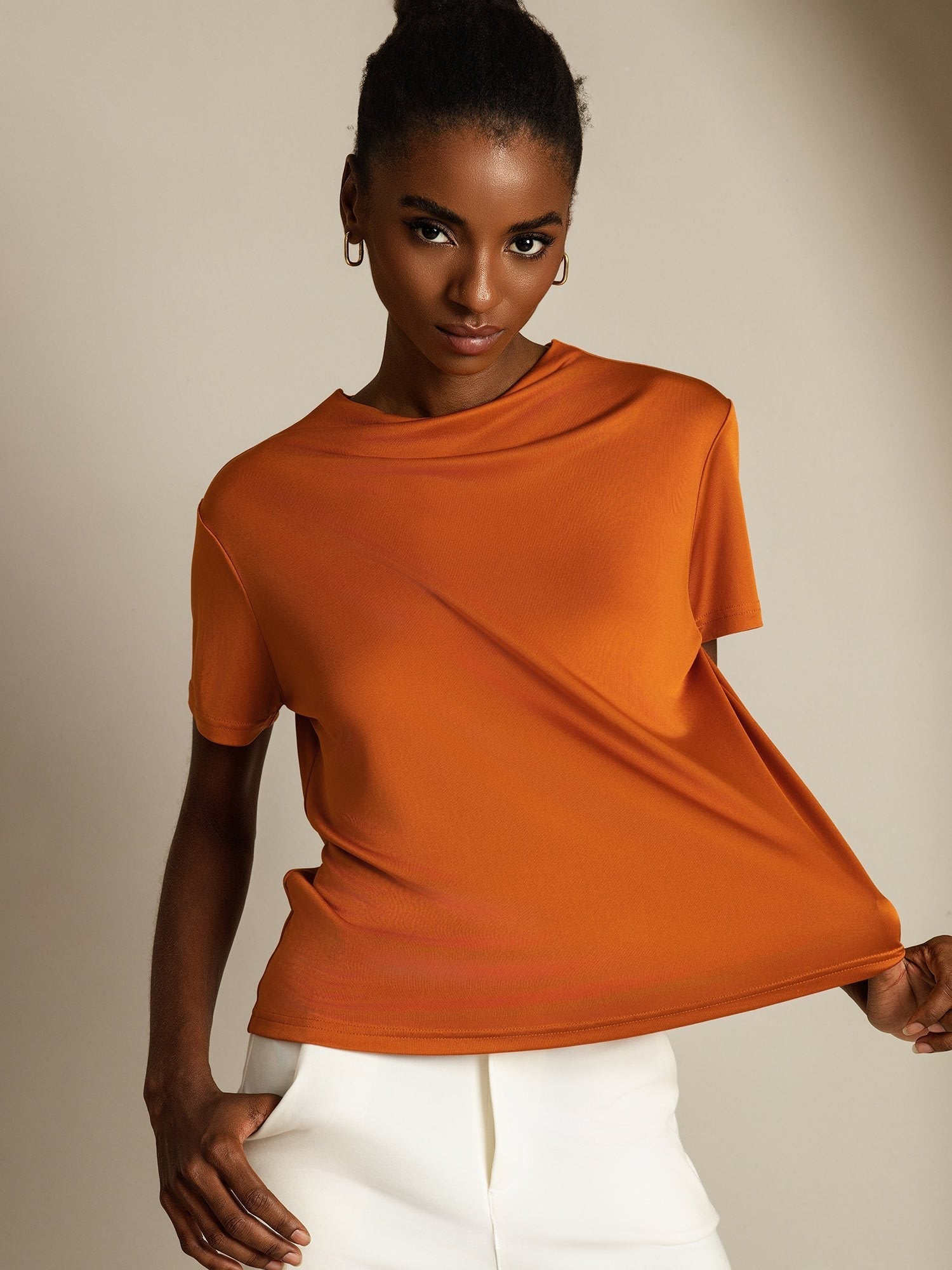 [Orange] SilkSilky-SE Rent Silke Krage Dam T-Shirt 001