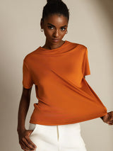 [Orange] SilkSilky-SE 100% Silk Jersey Short Sleeve Mock Neck Dam T-Shirt 001
