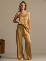 [Tan] SilkSilky-SE 19Momme Spaghetti Rem Djup Rund Halsringning Camisole Set 006