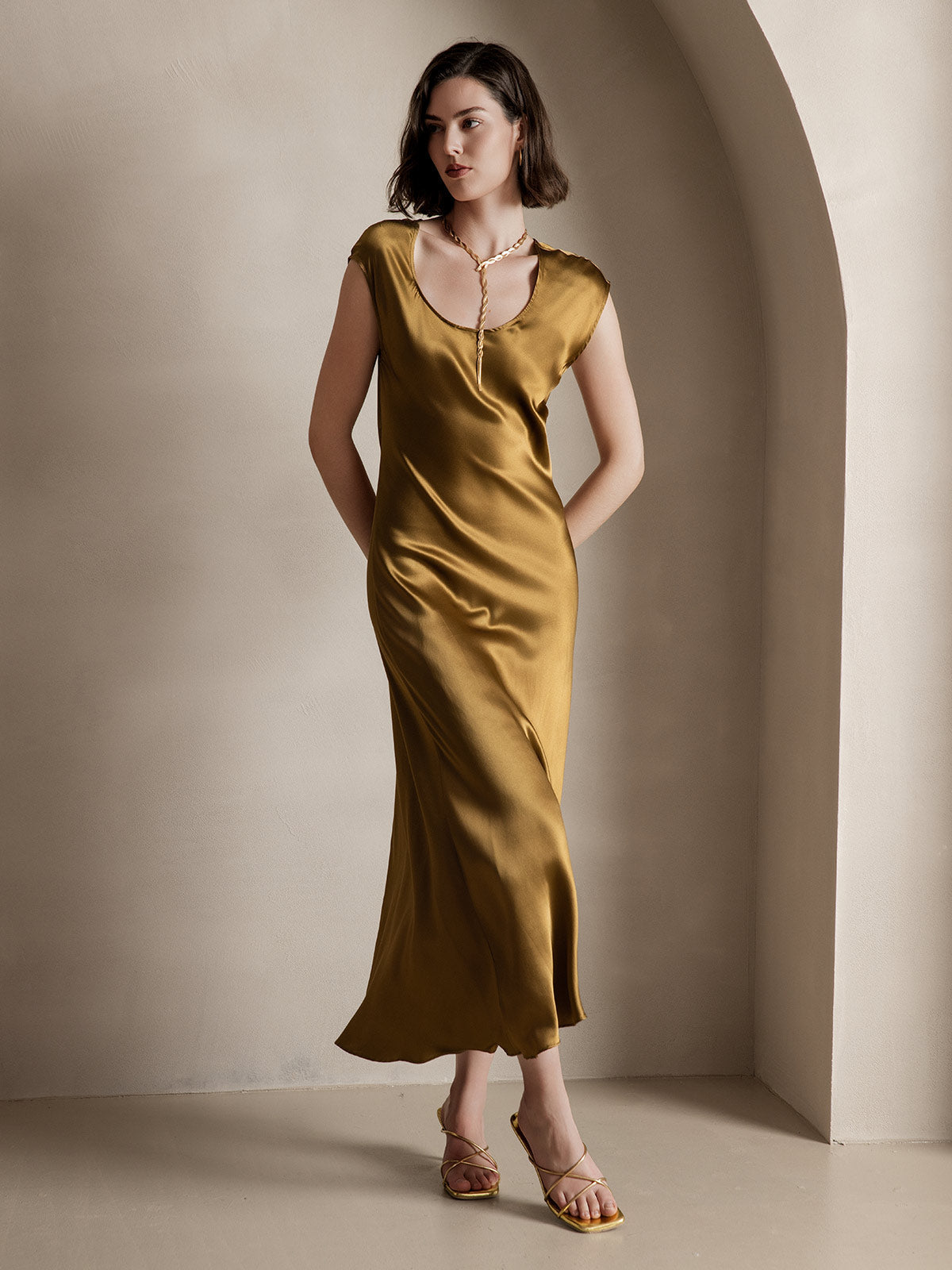 SilkSilky-SE 19Momme Silke Ärmlös Dress Brun 001
