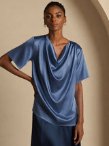[Äkta Petrol] SilkSilky-SE Short Sleeve Cowl Neck Damblusar 005