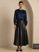 [Mörkblå] SilkSilky-SE 19Momme Long Sleeve Round Neck Blus 007