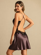 [Mörkbrun] SilkSilky-SE Spaghetti Strap V Neck Nattlinne 002