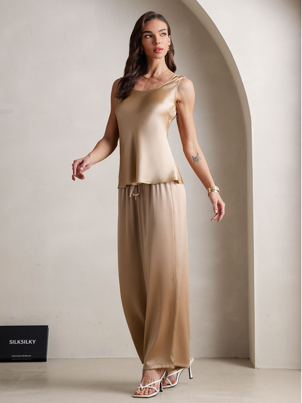 [Champagne] SilkSilky-SE Rent Silke Båthals Camisole Set 006