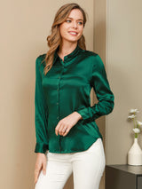 [Mörkgrön] SilkSilky-SE Long Sleeve Lapel Collar Damskjorta 001