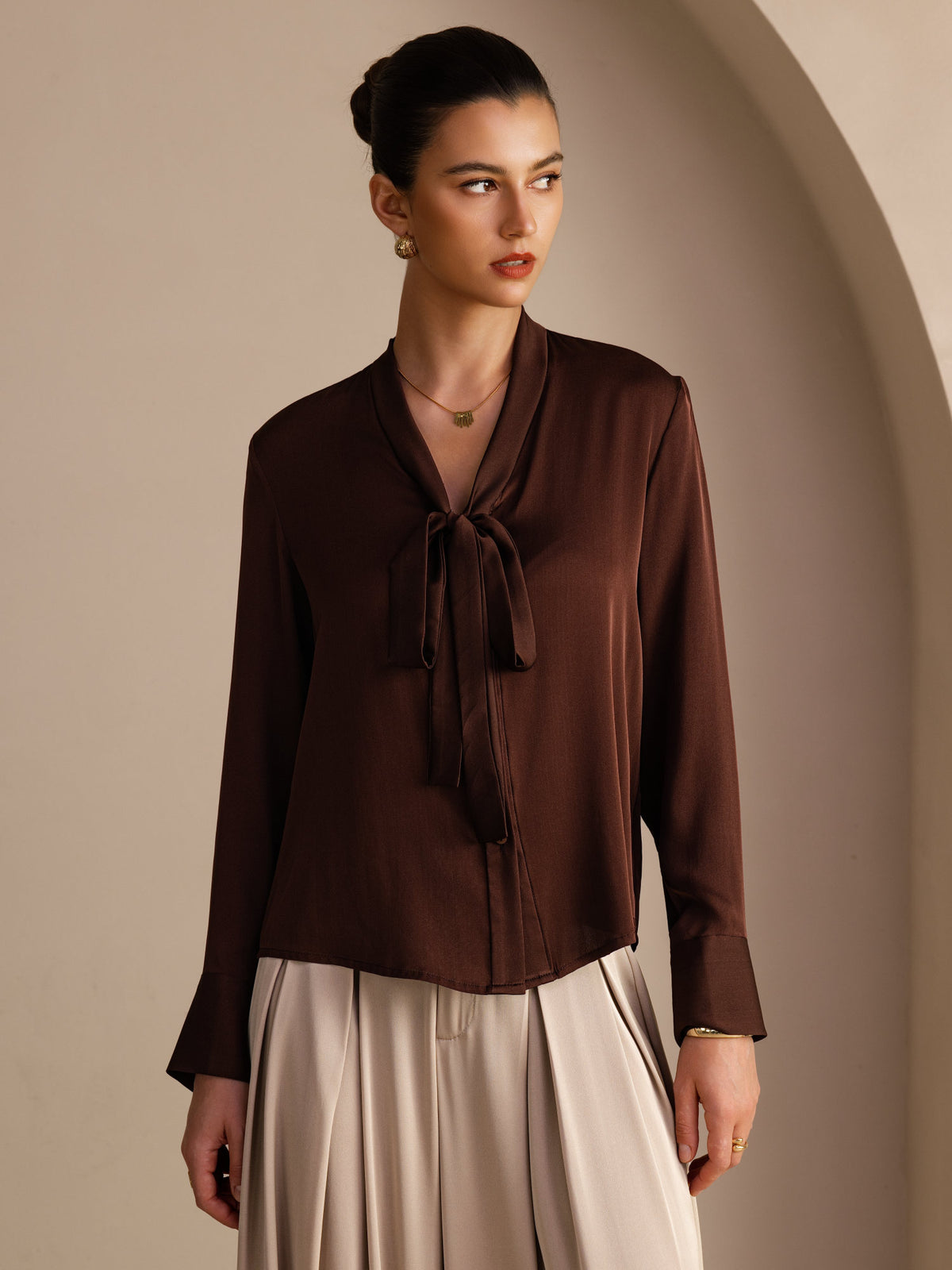 [Mörk Choklad] SilkSilky-SE Long Sleeve Tie Neck Damblusar 001