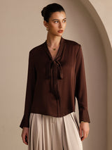 [Mörk Choklad] SilkSilky-SE Long Sleeve Tie Neck Damblusar 001