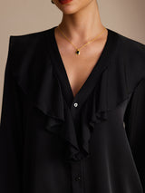 [Svart] SilkSilky-SE Long Sleeve Deep V Neck Damblusar 005