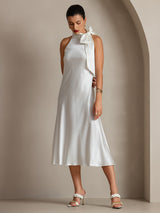 [Vit] SilkSilky-SE 19Momme Stretch Silk Charmeuse Sleeveless Halter Klänning 001