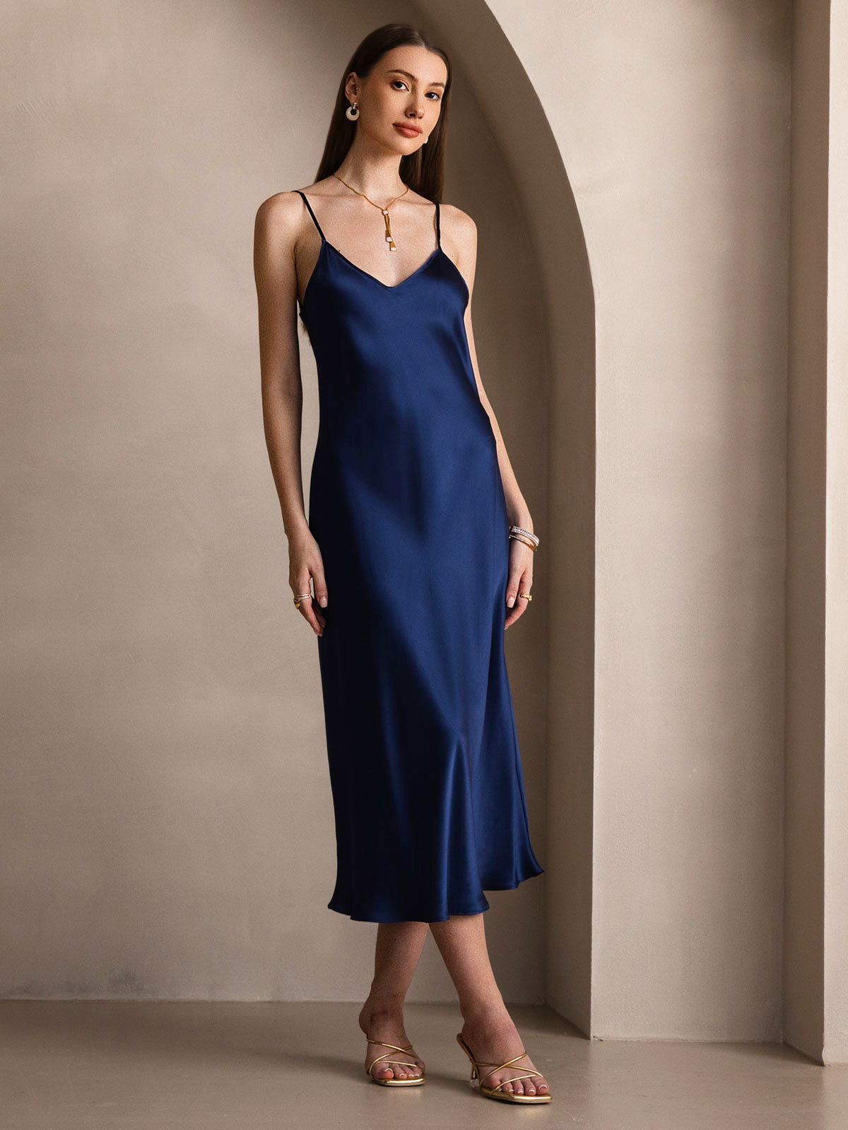 [Mörkblå] SilkSilky-SE Rent Silke Dress 004
