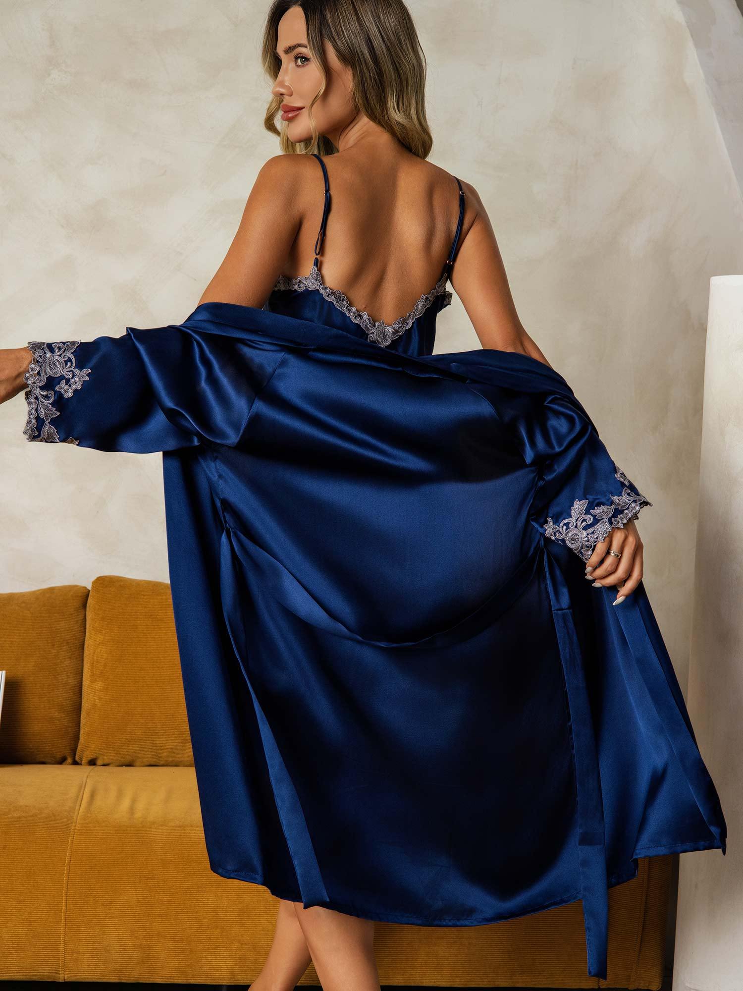 [Mörkblå] SilkSilky-SE Rent Silke Nightgown&Robe Set 002