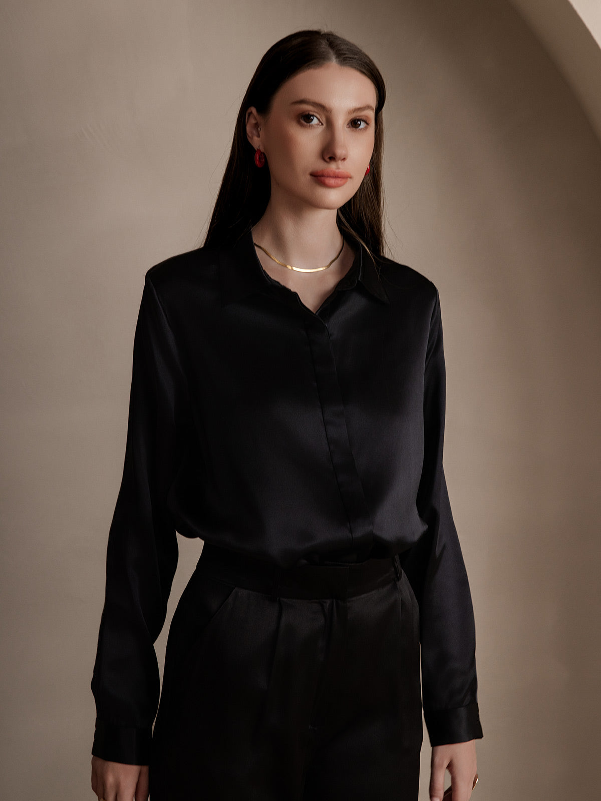 [Svart] SilkSilky-SE 19Momme Silke Lapel Collar Damskjorta 004