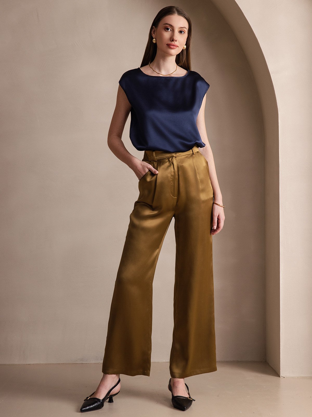 [Mörkblå] SilkSilky-SE 19Momme Silke Womens T-Shirt 006