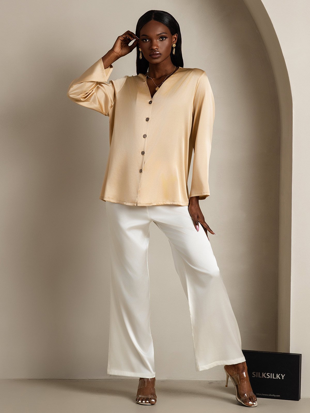 [Champagne] SilkSilky-SE 19Momme Silke V-Hals Damskjorta 005