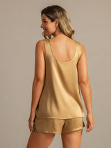 [Tan] SilkSilky-SE 19Momme Ärmlös Djup Rund Halsringning Dam Pyjama 002