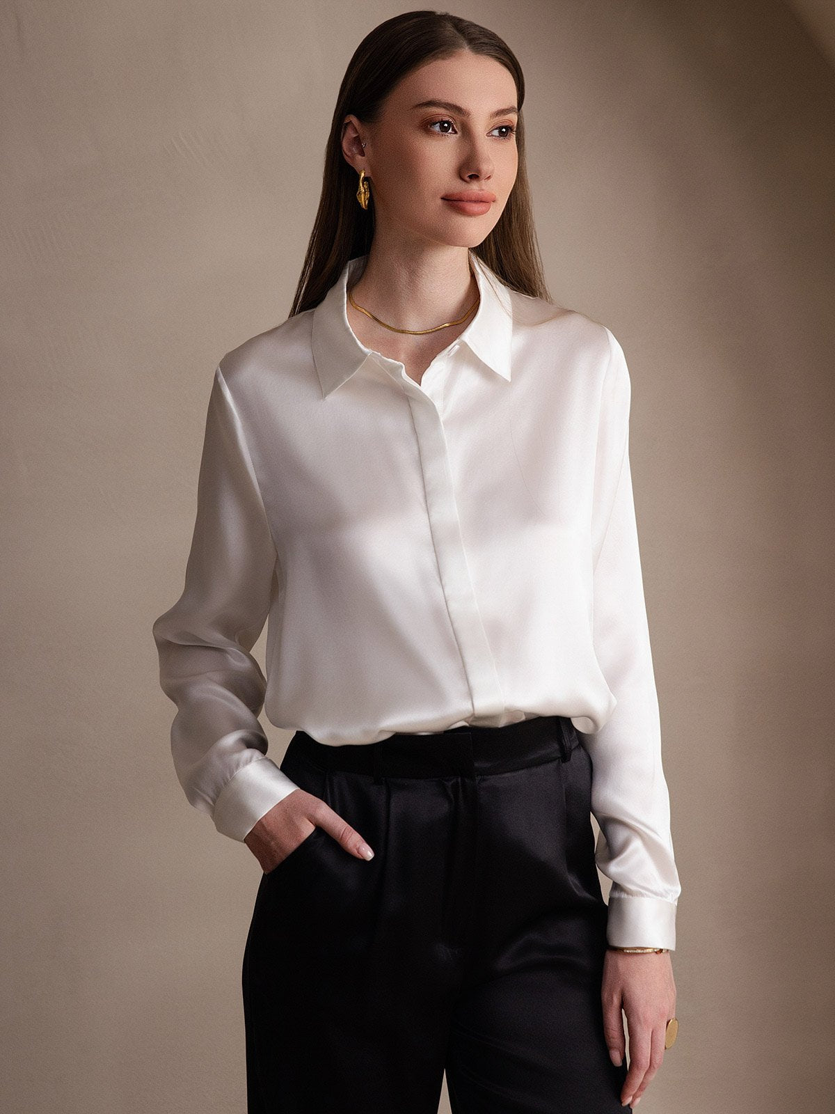 [Vit] SilkSilky-SE Long Sleeve Lapel Collar Damskjorta 001