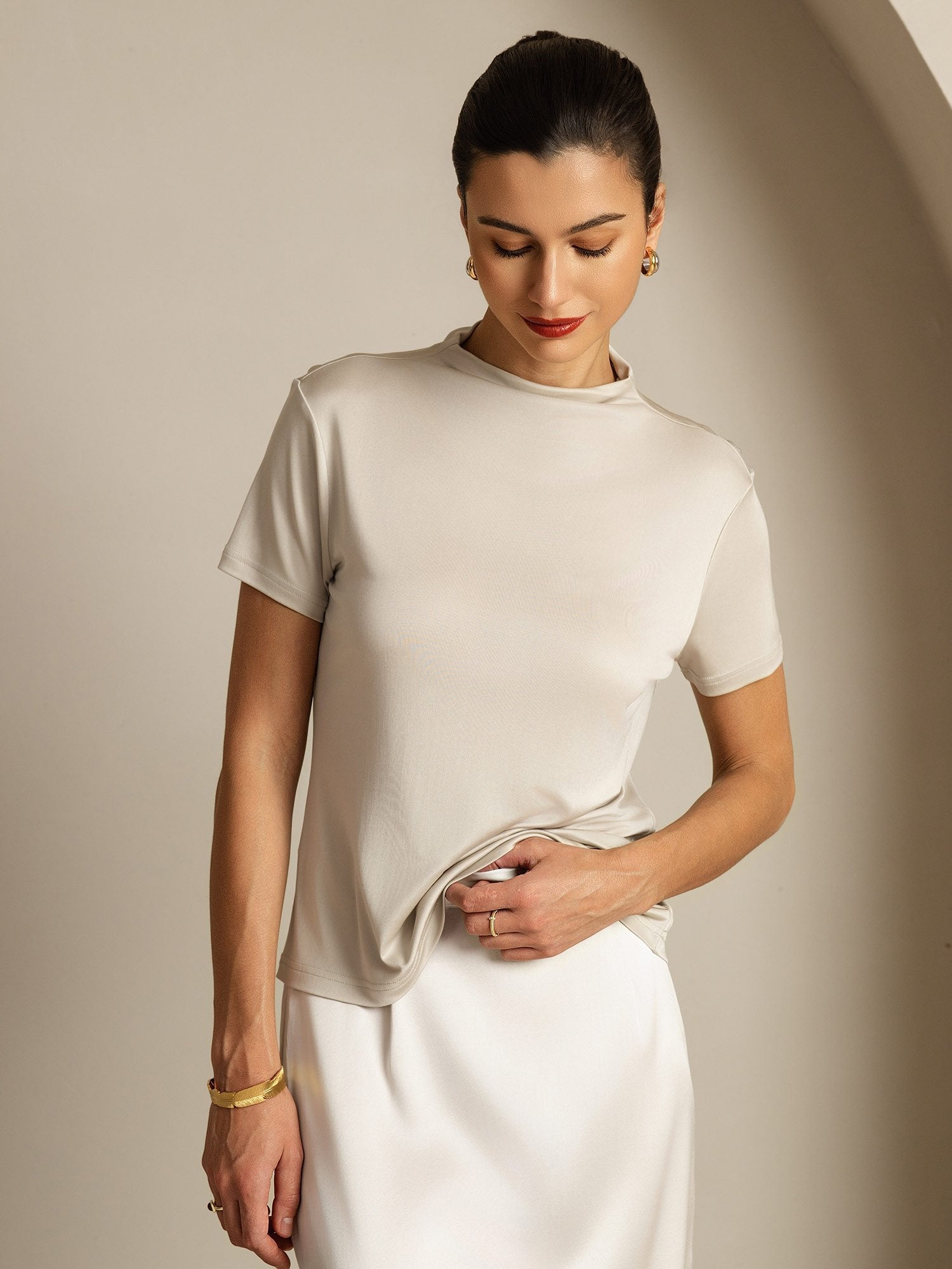 [Grå] SilkSilky-SE Rent Silke Krage Dam T-Shirt 005