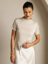 [Grå] SilkSilky-SE 100% Silk Jersey Short Sleeve Mock Neck Dam T-Shirt 005