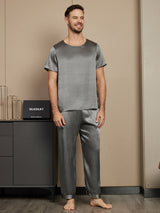 [Mörkgrå] SilkSilky-SE Rent Silke Kort Ärm Round Neck Herr Pyjama 001